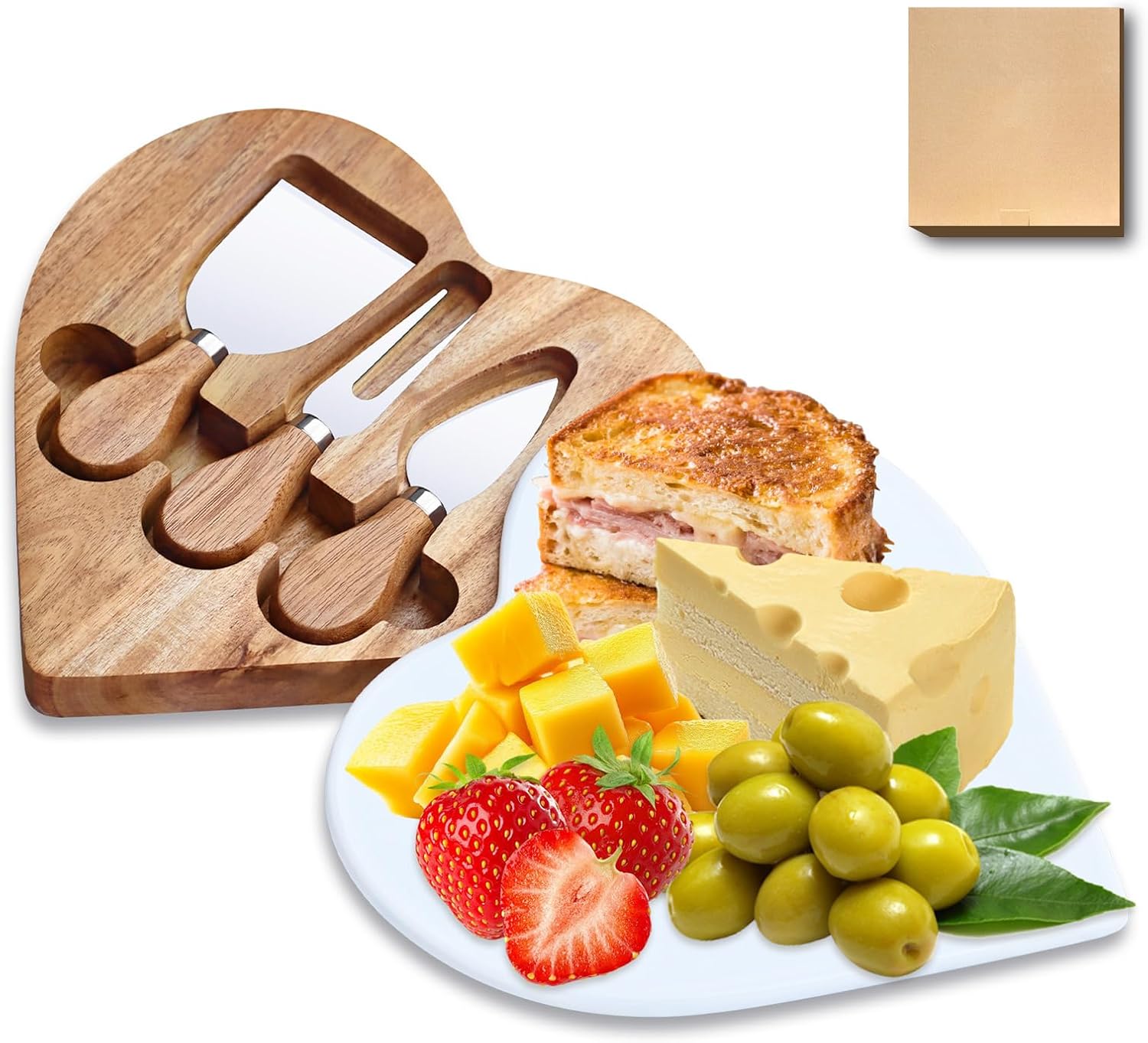 8.2" Heart-Shaped Acacia Wood Cheese & Charcuterie Board with 360° Rotating Marble Lid and Cheese Utensil Set (Spade, Knife, Fork) - Housewarming, Birthday & Wedding Gift