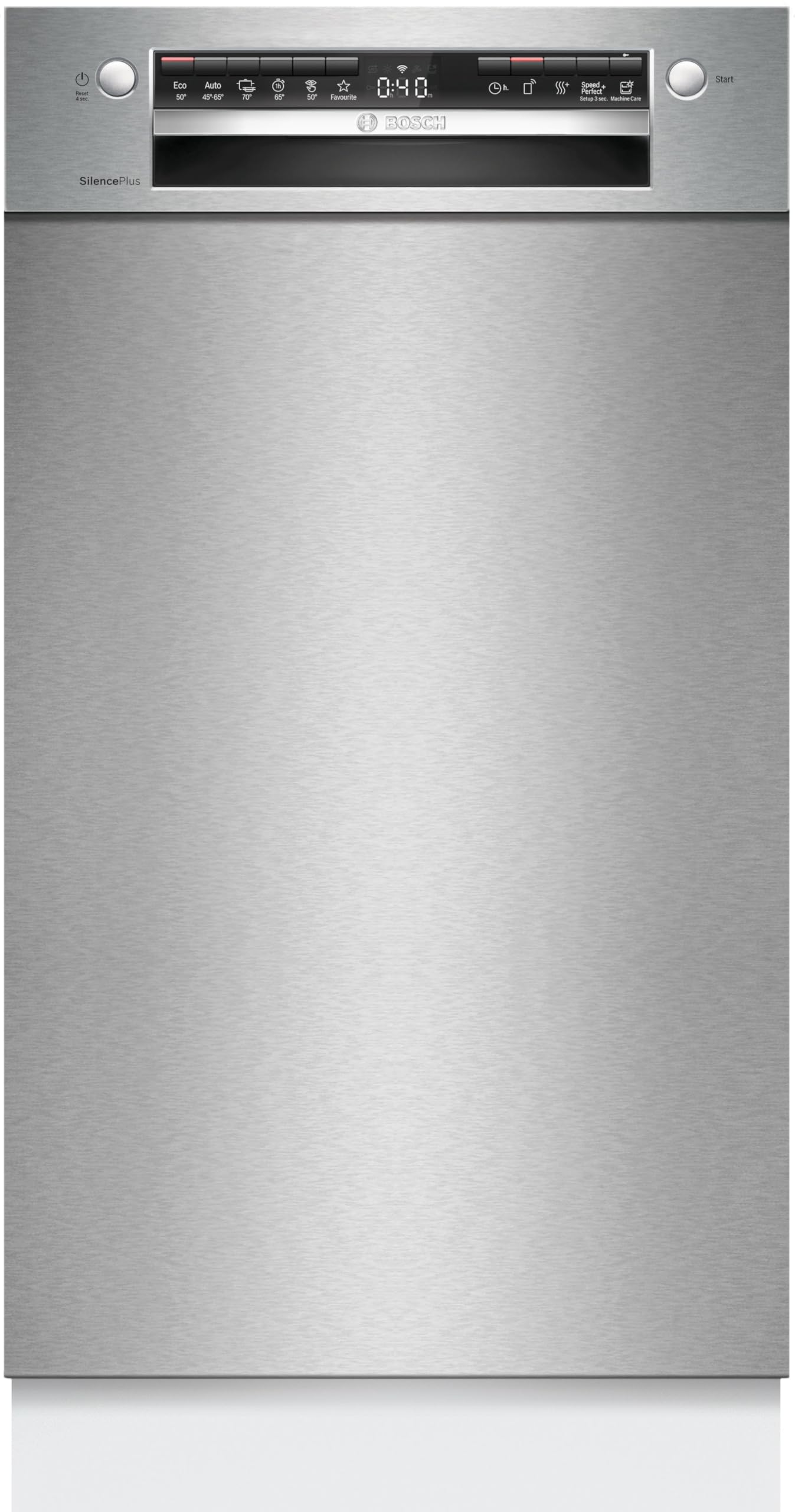 Bosch SPU4HMS10E, Serie 4, Smarter Unterbau-Geschirrspüler 45 cm, Besteckschublade, Extra Trocknen, SpeedPerfect Plus, hygienische Reinigung, Programmassistent, höhenverstellbarer Oberkorb, Edelstahl