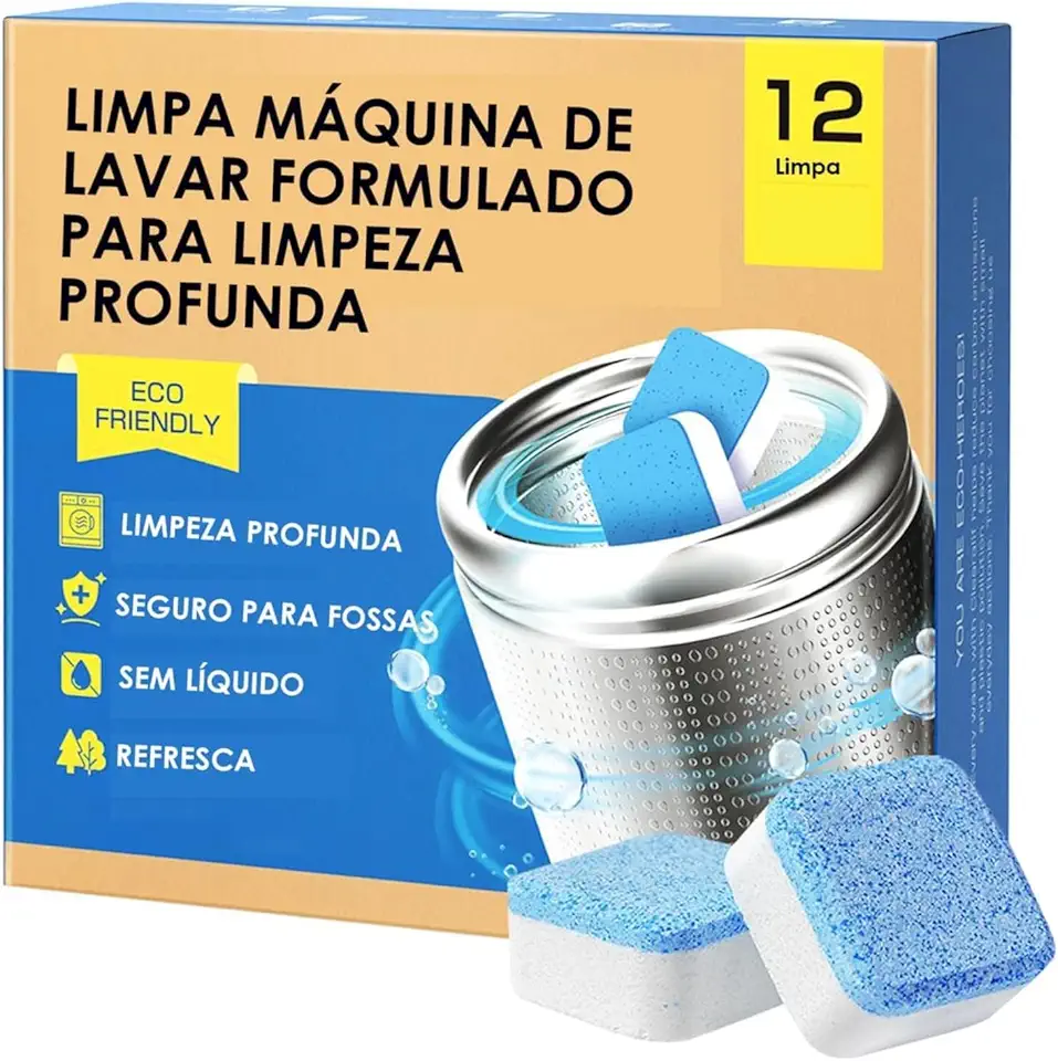 Pastilhas para Limpeza de Máquina de Lavar Roupas – Kit com 12 Unidades | Limpa Máquina Eficiente para Tampa Frontal e Superior