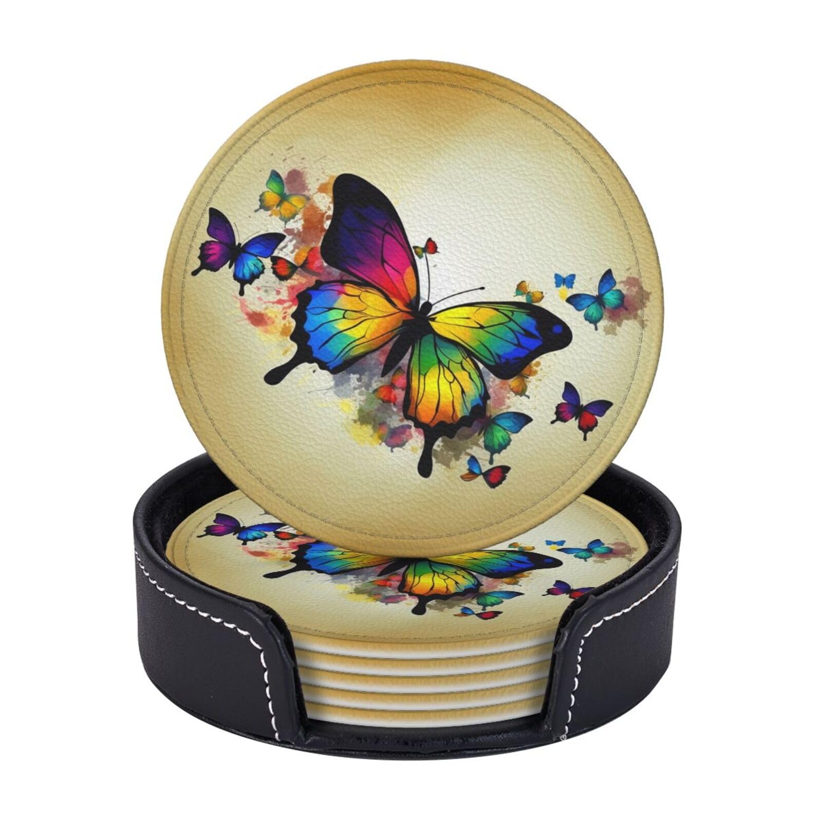 6PCS Drink Coasters with Holder, 4" Leather Coasters for Drinks, Color Butterfly Cup Coasters for Coffee Table Decor, Non-Slip Drinking Cup Mat for Hot or Cold Drink