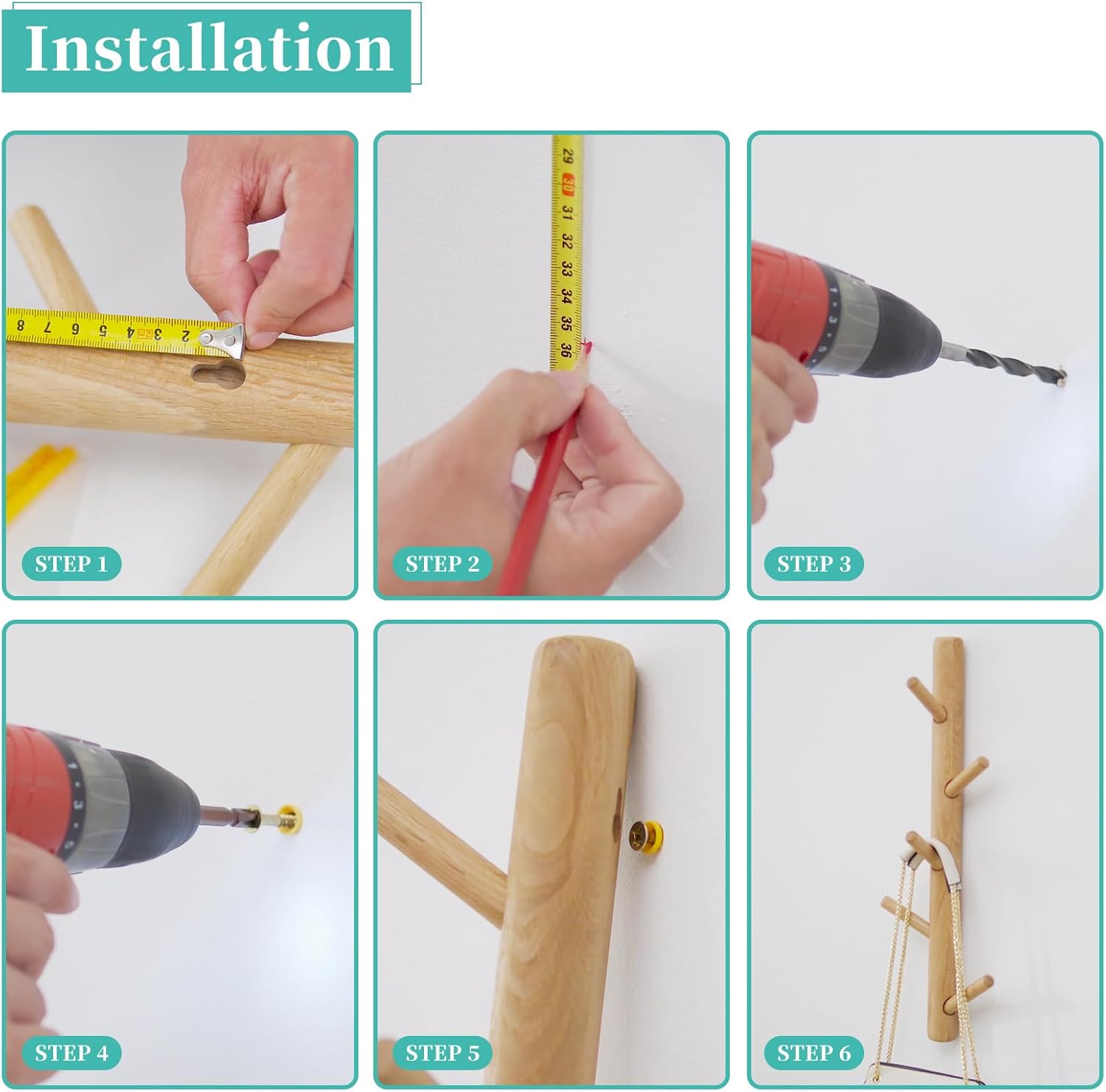 Oak Wood Coat Rack, Wall Mount Coat Hooks with 7 Hooks for Clothes Hats Towel Purse Robes, Entryway, Bathroom, Mudroom, Bedroom, 27.5inch