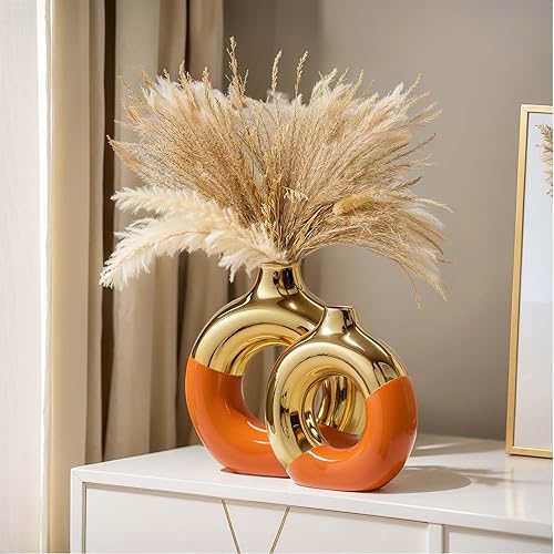 Miniatura 10 de Jarrón negro y dorado, juego de 2 jarrones de cerámica, jarrones dorados para decoración del hogar, jarrón redondo negro para centros de mesa,