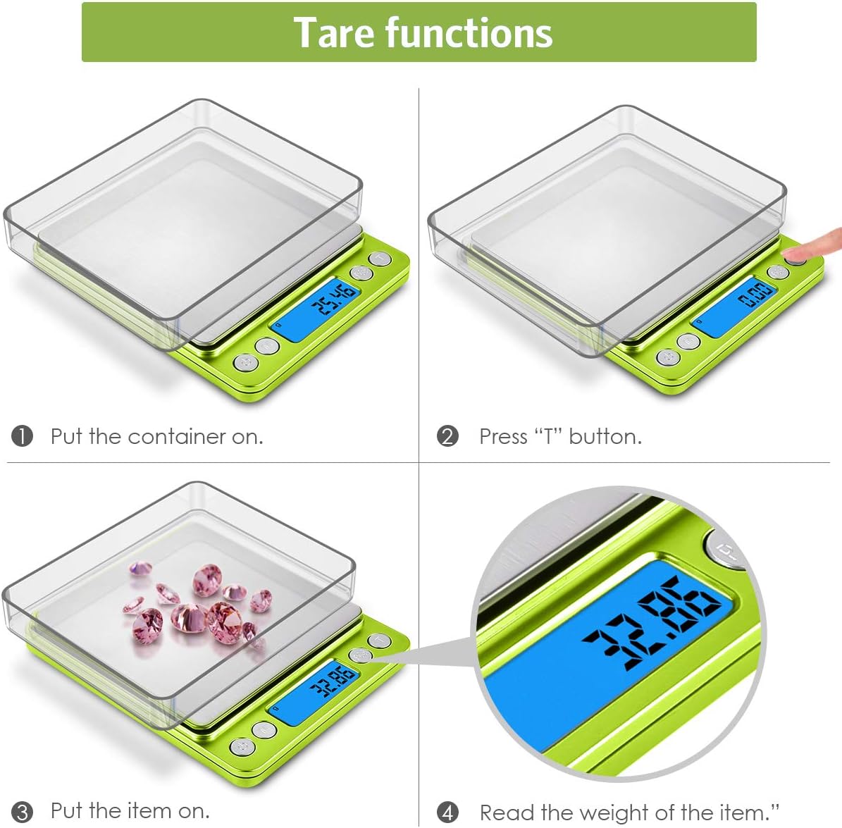 KeeKit Digital Pocket Scale, 500g 0.01g Mini Kitchen Scale with 2 Trays, High Accuracy Multifunction Food Scale with 6 Units, Backlit LCD Display, PCS, Tare & Auto No/Off (Batteries Included) – Green