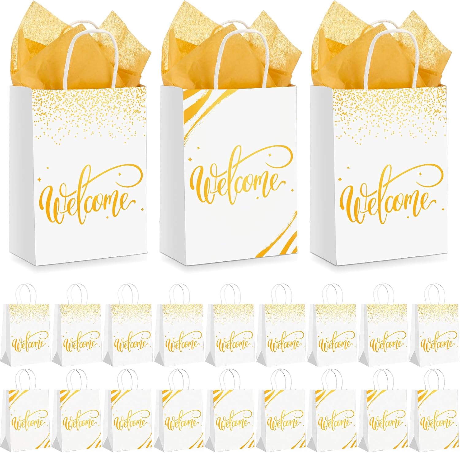 Kosiz 50 Sets Welcome Gift Bags Bulk with Handles and Tissue Paper Welcome to Our Church Kraft Paper Bags for Guests Hotel Wedding Church Visitors Birthday Party Supplies(Navy Blue)