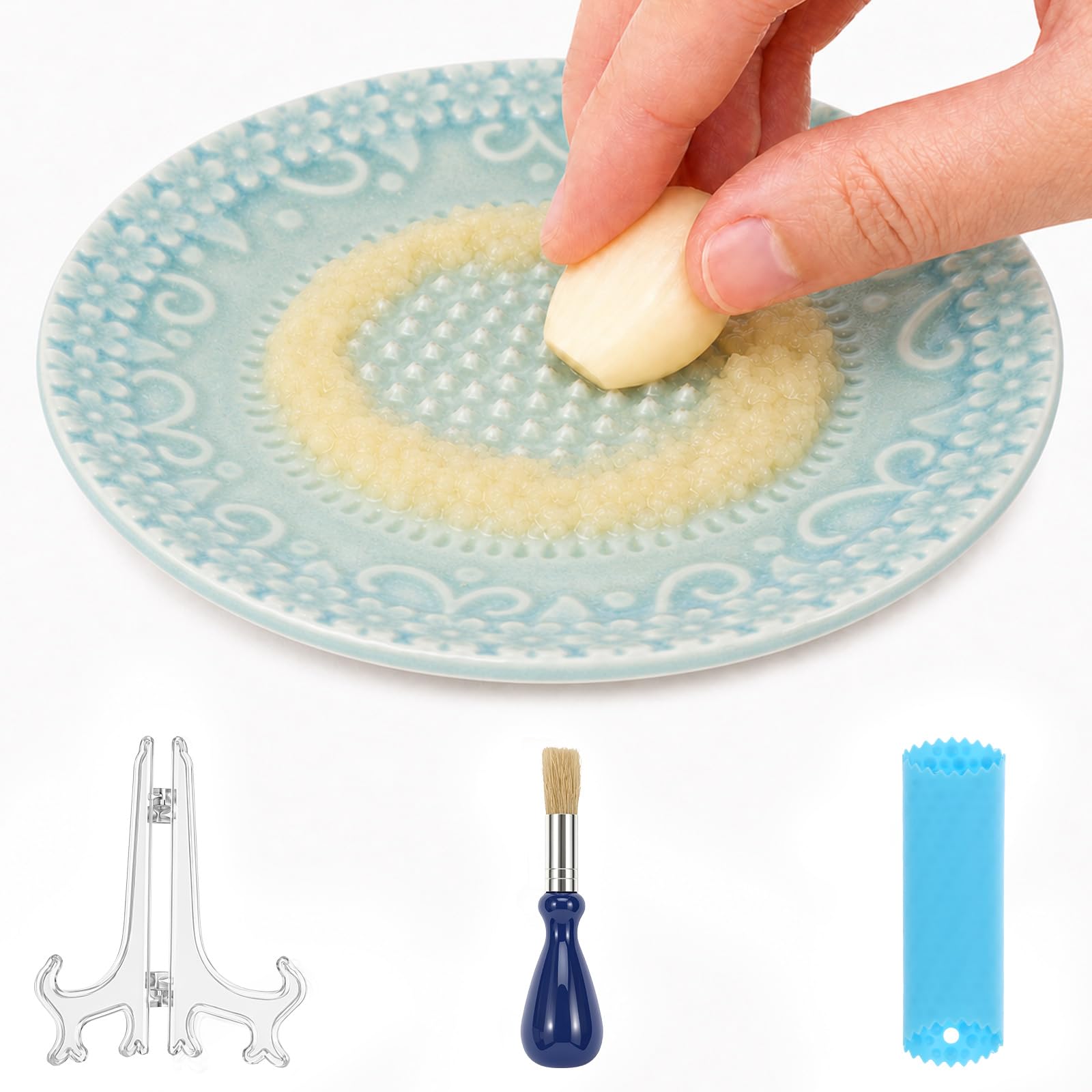 Garlic Grater Plate Set with Brush and Peeler, Dishwasher Microwave Safe