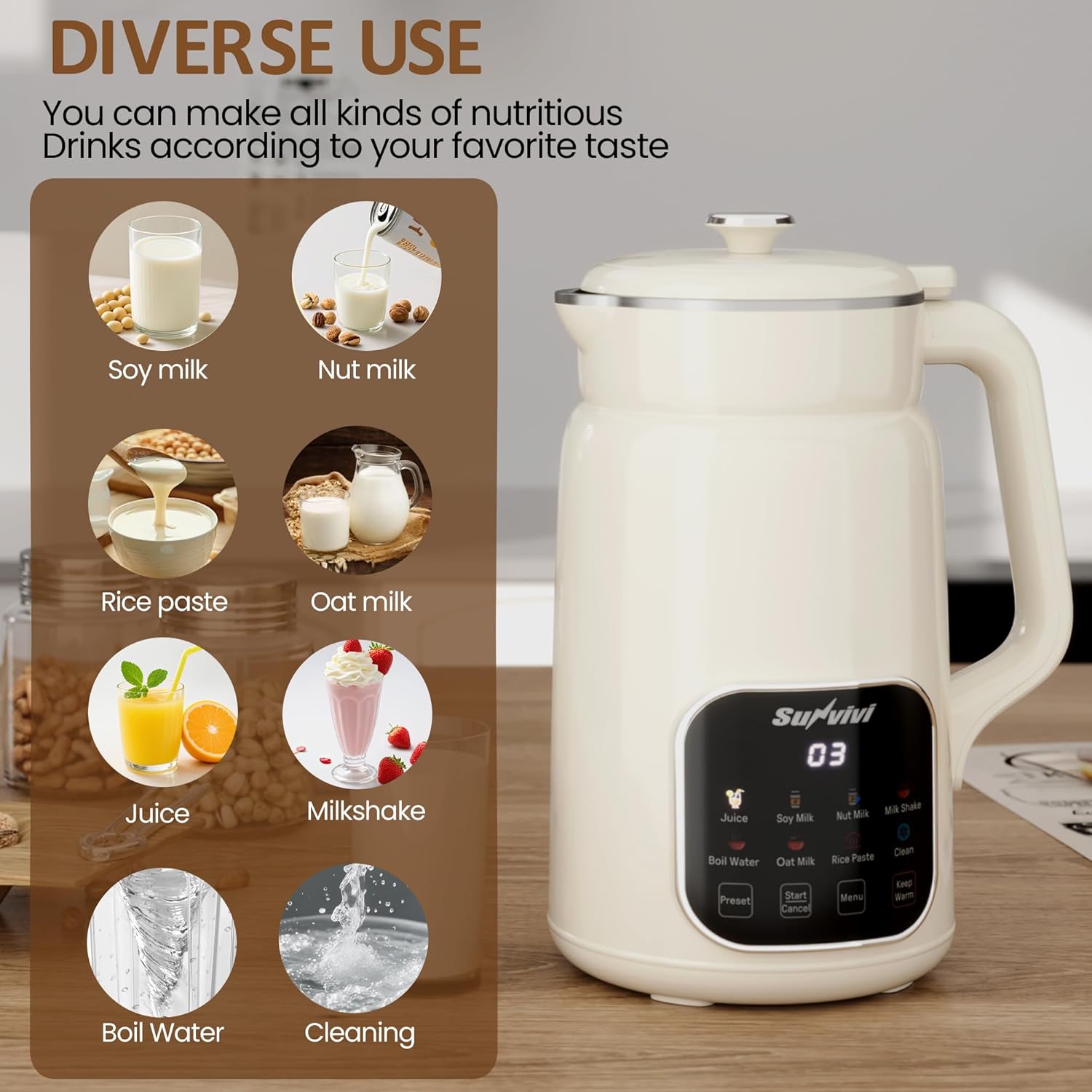 Sunvivi 8 in 1 Nut Milk Maker Machine: 60oz Soy Milk Maker for Soy/Nut/Oat Milk, Juice, Milkshake, Rice Paste and Boil Water, Countertop Blender with Delay Start/Keep Warm/Self Cle...