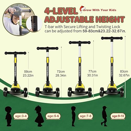 Miniatura 10 de Besrey Patinete para niños de 3 a 10 años, scooter plegable de 3 ruedas con altura ajustable, ruedas de luz LED, cubierta extra ancha para