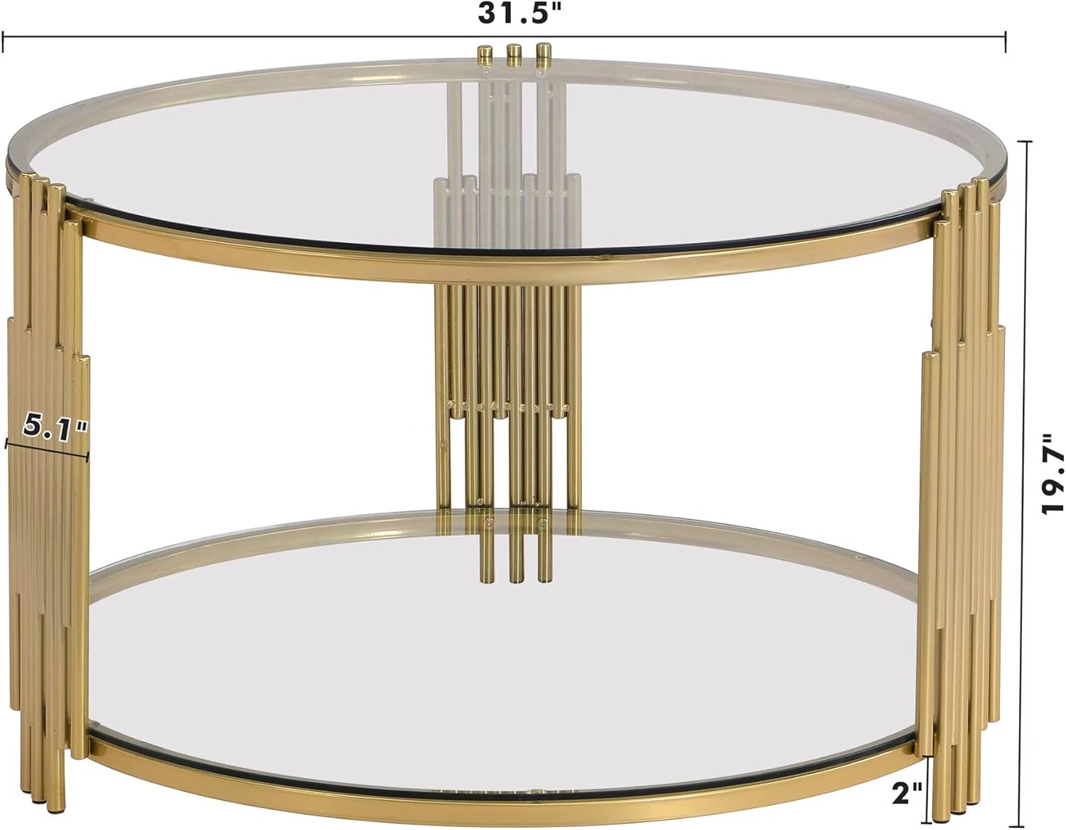 Modern Glass Coffee Table in 31.5", Asymmetrical Metal, Circular Metal Drum Base, Gold Finish & Lower Shelf, Transparent