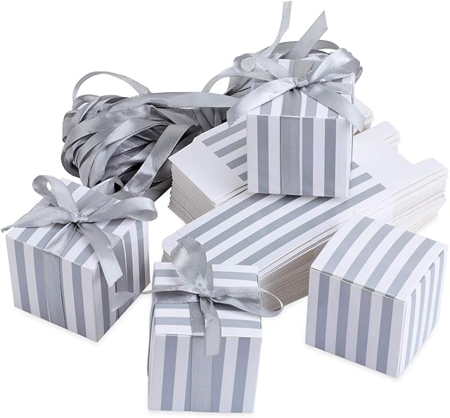 TsunNee Square Paper Candy Box, Sweet Wedding Favour Boxes, Striped Party Gift Box, Creative Paper Treat Boxes, Silver, 50-Pack