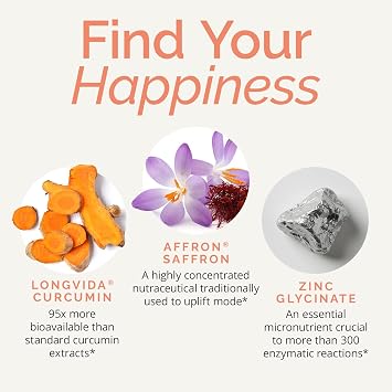BRAINMD Dr Amen Happy Saffron Plus - 90 Capsules - with Saffron Flower Extract, Curcumin & Zinc - Vegan, Gluten Free - 30 Servings | 30 Servings