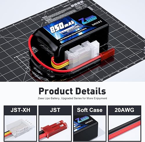 Miniatura 3 de Zeee 3S Lipo Batería 850mAh 11.1V 50C con enchufe JST para FPV Quadcopter Racing Drone Helicóptero Avión RC Barco RC Car RC Modelos (2 unidades)
