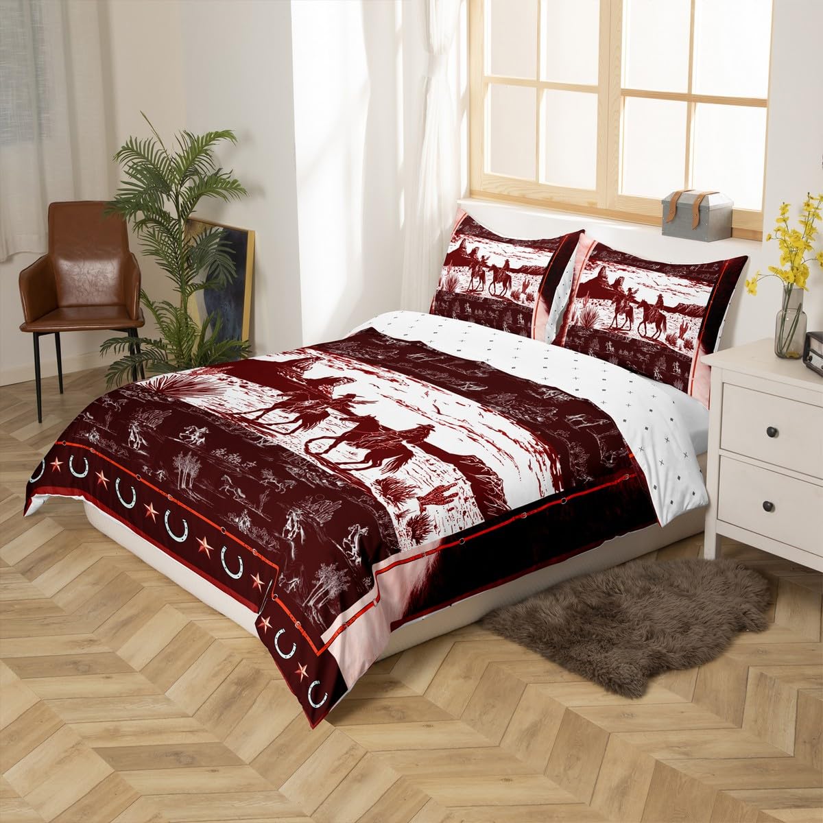 Loussiesd Red Brown Western Decor Duvet Cover Super King Size Wild West Cowboy Bedding Set Horse Desert Rodeo Cowboy Style Comforter Cover Set Decor Horseshoes West Texas Star Bedspread Cover - Image 2