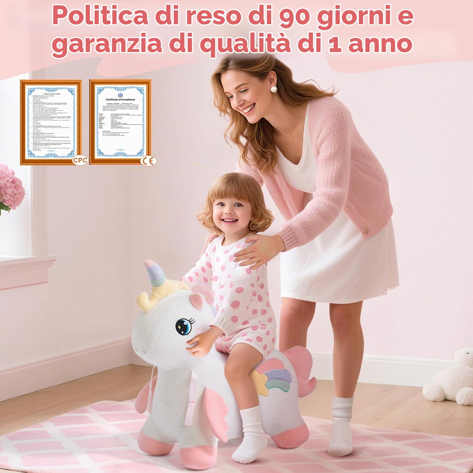 FUNLIO Cavallo a Dondolo Unicorno, Gonfiabile per Bambini 1,5-5 Anni, Rivestimento Rimovibile e Lavabile, Giocattolo Cavallo Unico, Certificato CPC & CE