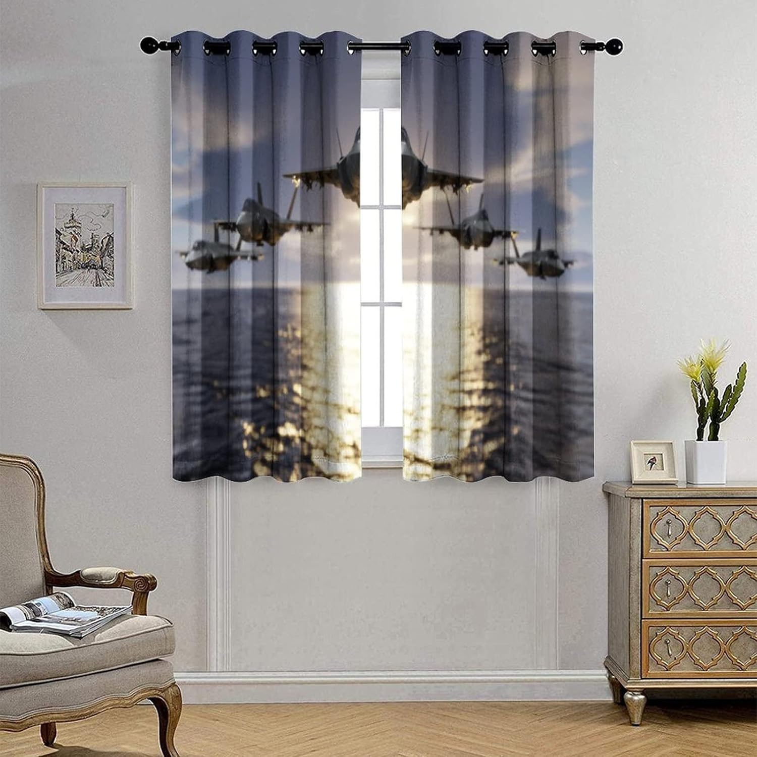 Coastal Fighter Airplane Curtains,Nautical Ocean Sun Rise American Aircraft Window Treatments Thermal Insulated Grommet Blackout Drapes for Bedroom 54L x 21W,2 Panels