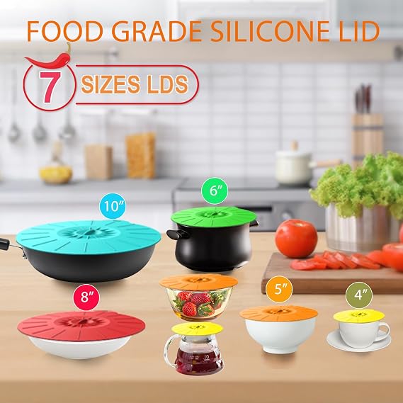 7 Pack Silicone Lids Microwave Splatter Cover, 5 Sizes Reusable Heat Resistant Suction Lids for Bowls Plates Pots Pans Oven Fridge, BPA Free, Ideal Mother's Gift
