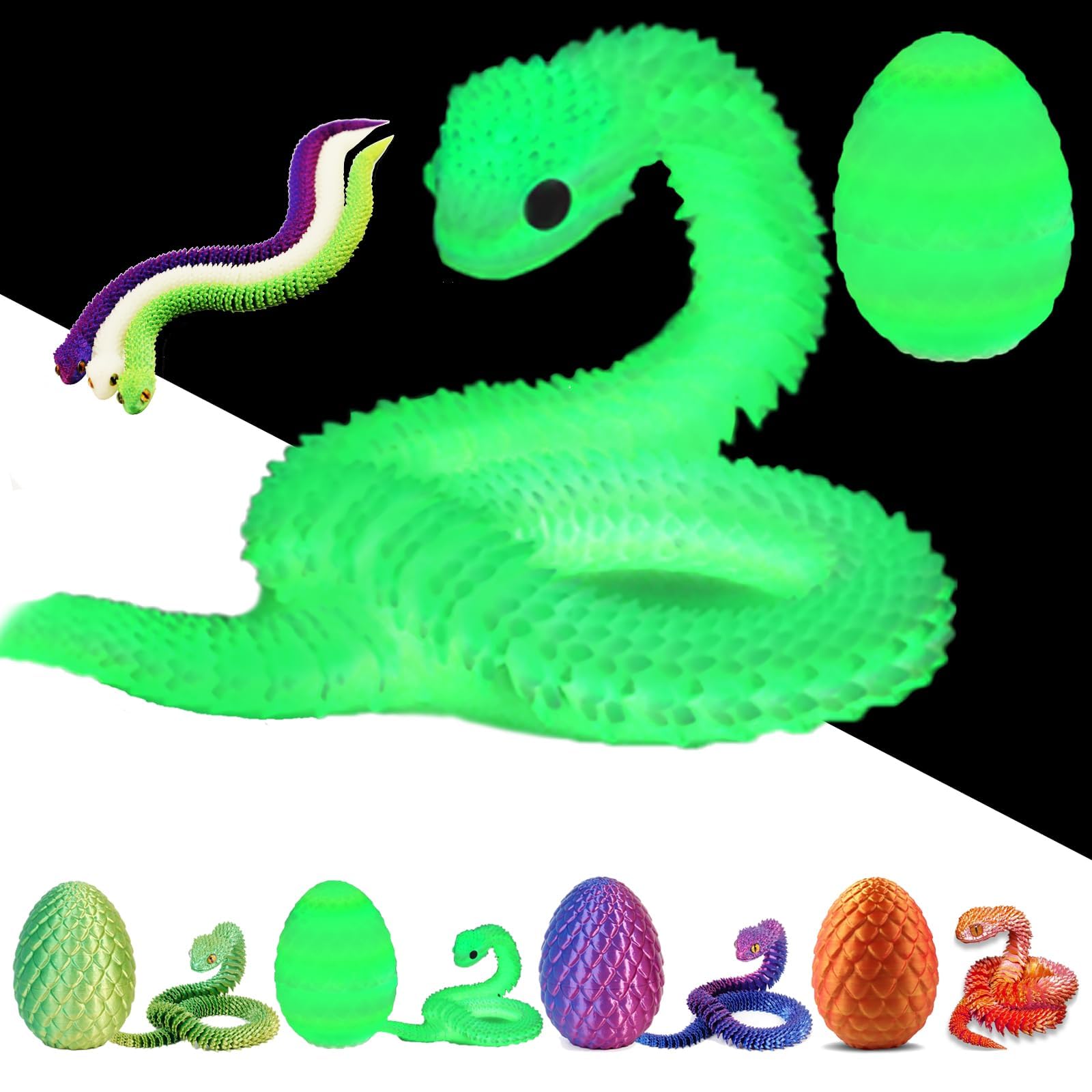 nnOuOnn 3D Printed Snake in Egg, 3D Printed Fidget Mini Animals Toy Articular Mobility Toys, Articulated Flexible Snake Statue Decor for Home Office (Night Light)
