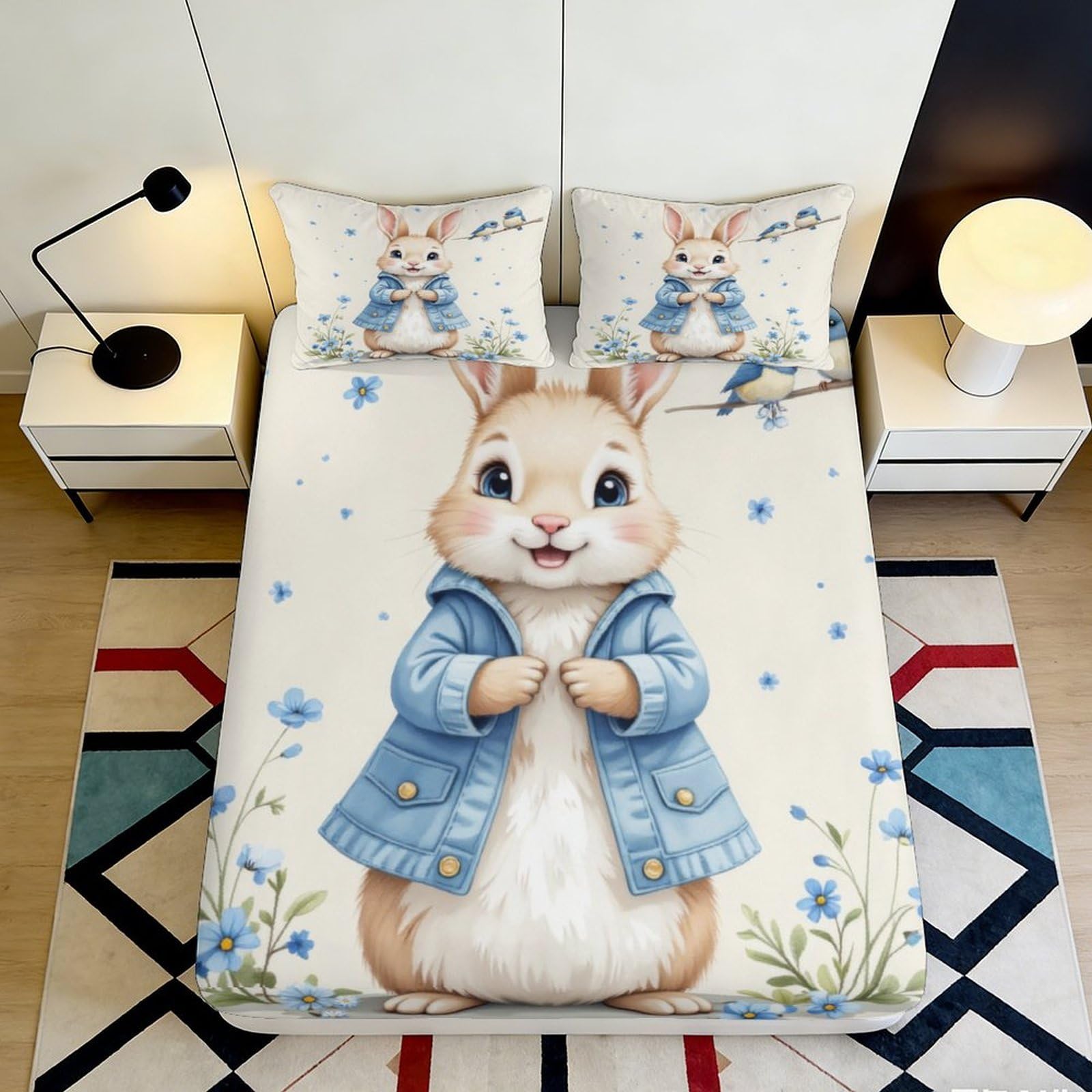 3D Printed Cartoon Rabbit Fitted Sheet Microfiber Deep Pocket Non-Slip Cartoon Rabbit Mattress Fitted Cover Washable Home Bedding 90x200x25cm