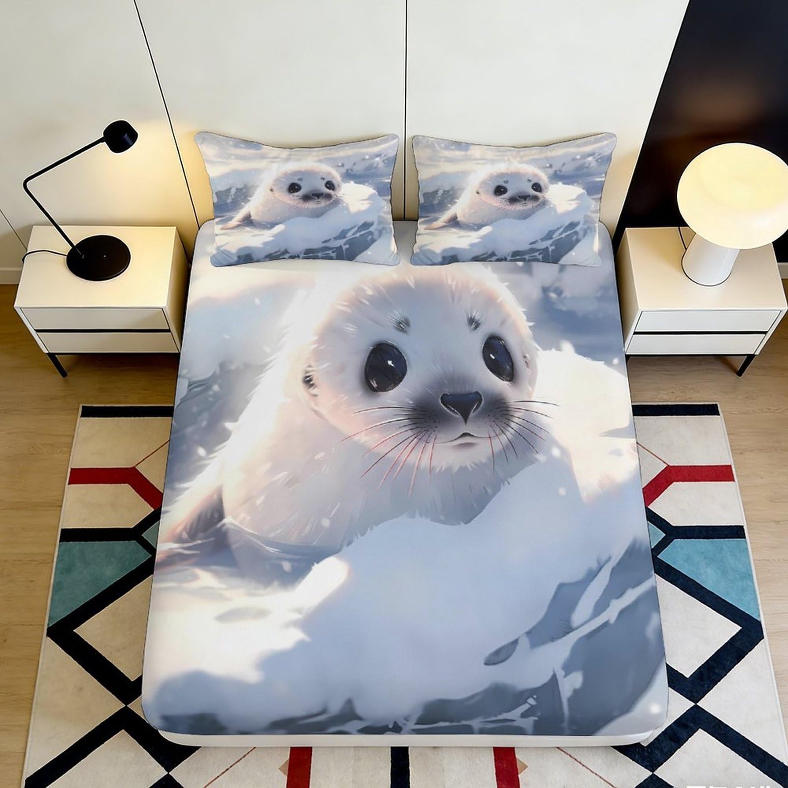 3D Printed Arctic Seal Fitted Sheet Microfiber Deep Pocket Bedroom Bedding Full Wrap Arctic Seal Mattress Fitted Cover for Adults Youth 160x200x25cm
