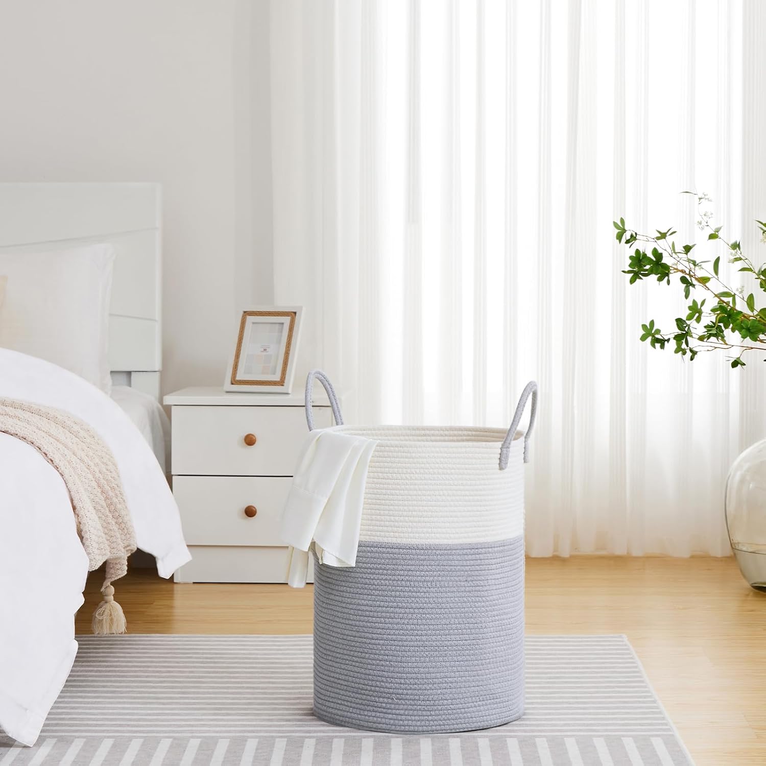 VIPOSCO Large Laundry Hamper, Tall Woven Rope Storage Basket for Blanket, Toys, Dirty Clothes in Living Room, Bathroom, Bedroom - 58L Grey & White - Image 4
