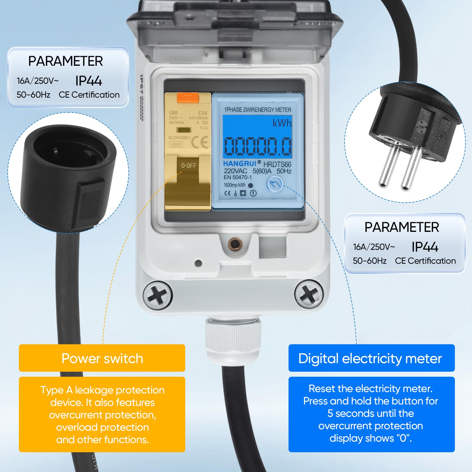 Mobiele digitale stroommeter 230 V, outdoor KWH-meter met IP67 waterdicht, stekkeradapter 60 A mobiele meter met reset draagbaar voor campers, elektrische voertuigen en huishoudens