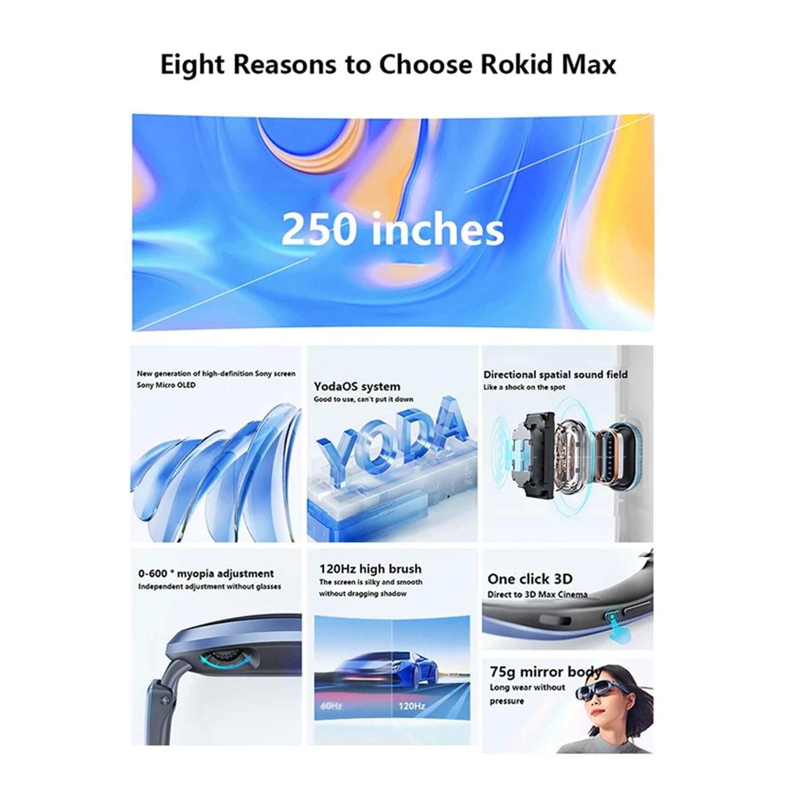 Compatible con Las Gafas Inteligentes 3D de Realidad Aumentada Rokid MAX, Pantalla Micro OLED de 215" (máx.), Campo de visión de 50°, for teléfonos, Switch, PS5, Xbox y PC (Todo en uno).(MAX)