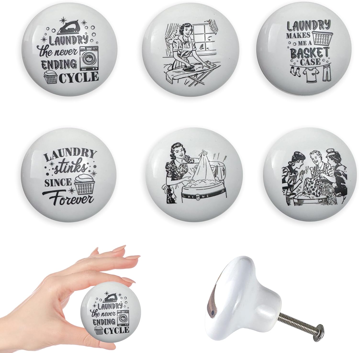 Set of 6 Vintage Ceramic Cabinet Laundry Room Furniture Handles Dresser Drawer knobs and Pulls 1.5 x 1.5 Inches