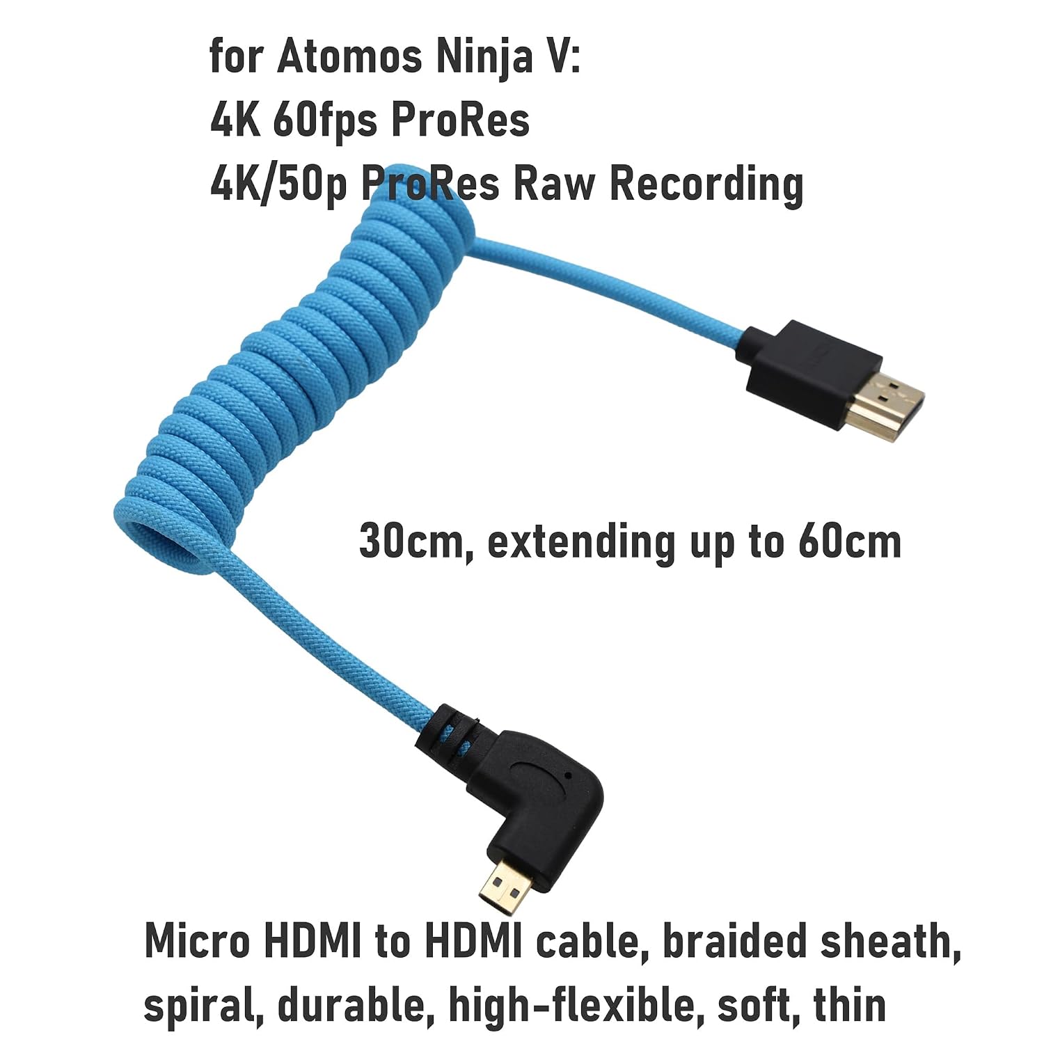 Right Angle Micro-HDMI 4K 8K High Speed Cable for ATOMOS Ninja V Ultra, Sony ZV-E10 A7C A7R4 A6700, Canon R6II R5C R10, Lumix S5 S9 G100, Fujifilm X-T50, Blue Braided Coiled 30cm