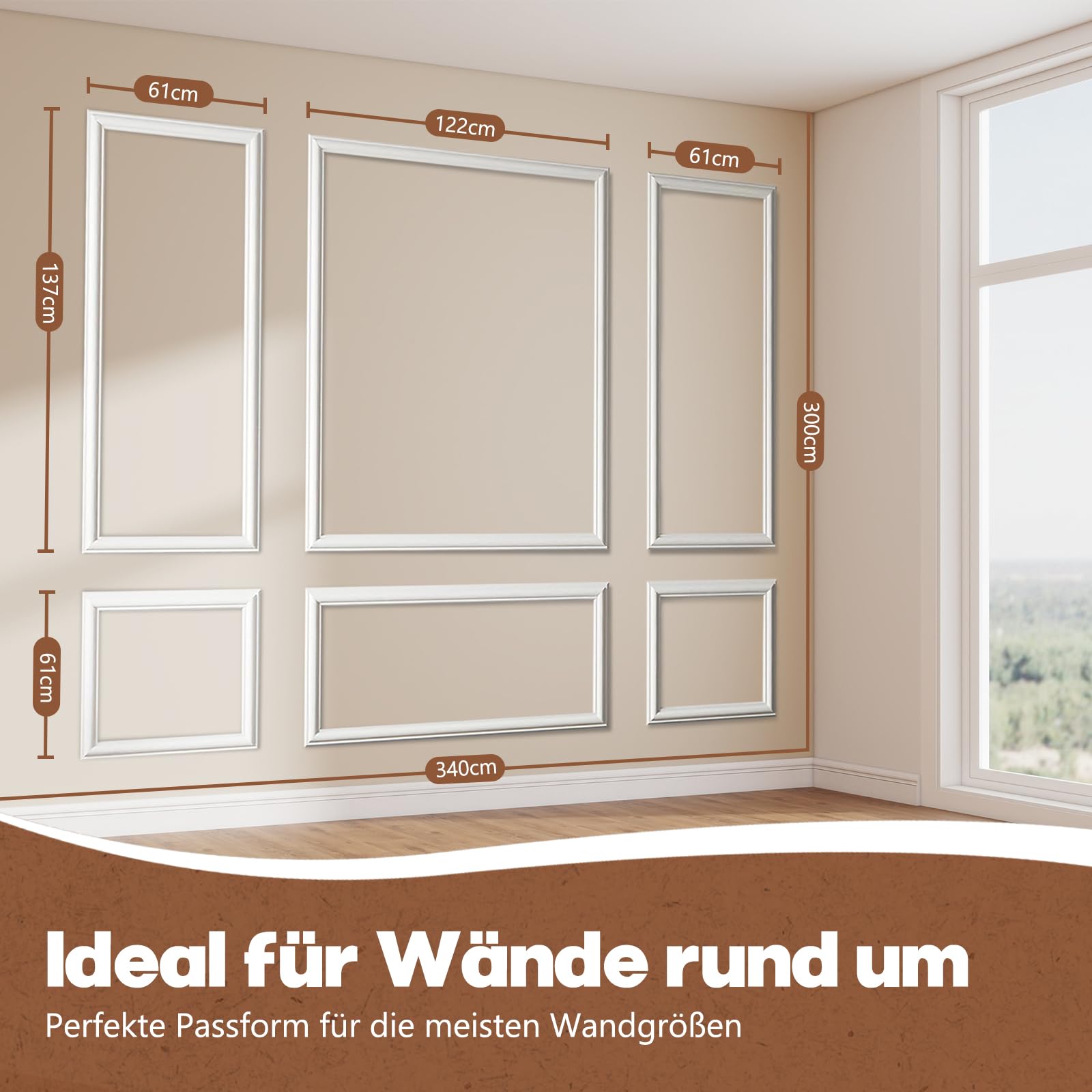 Wandpaneel-Set – 6 Stück Zierleisten-Set für Akzentwand & Wandverkleidung – Lackierbar & Feuchtigkeitsresistent – Für Wohnzimmer, Schlafzimmer & Innenräume – DIY Installation