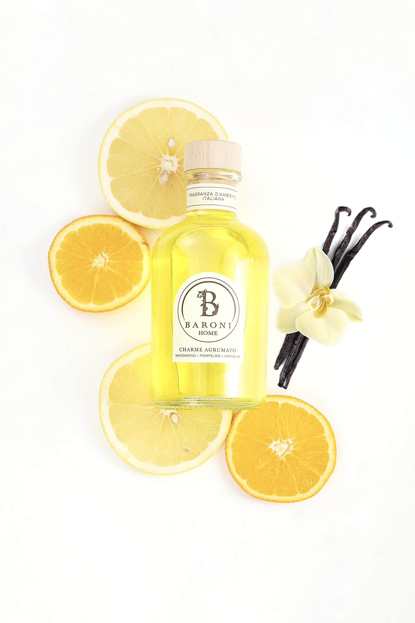 BARONI HOME Difusor de aceites esenciales para ambientes, difusor de aromas de varillas, 100% natural, fabricado en Italia (500 ml, aroma cítrico)
