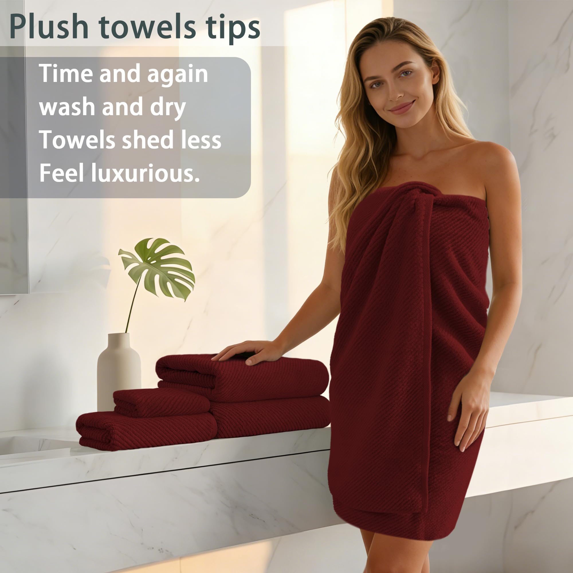 VOOVA & MOVAS Set di asciugamani bordeaux, 100% cotone, leggeri, morbidi, ad asciugatura rapida, set di 6 asciugamani, 2 grandi da bagno 76,2 x 142,2 cm, 2 mani 45,7 x 71,1 cm, 2 asciugamani 33 x 33