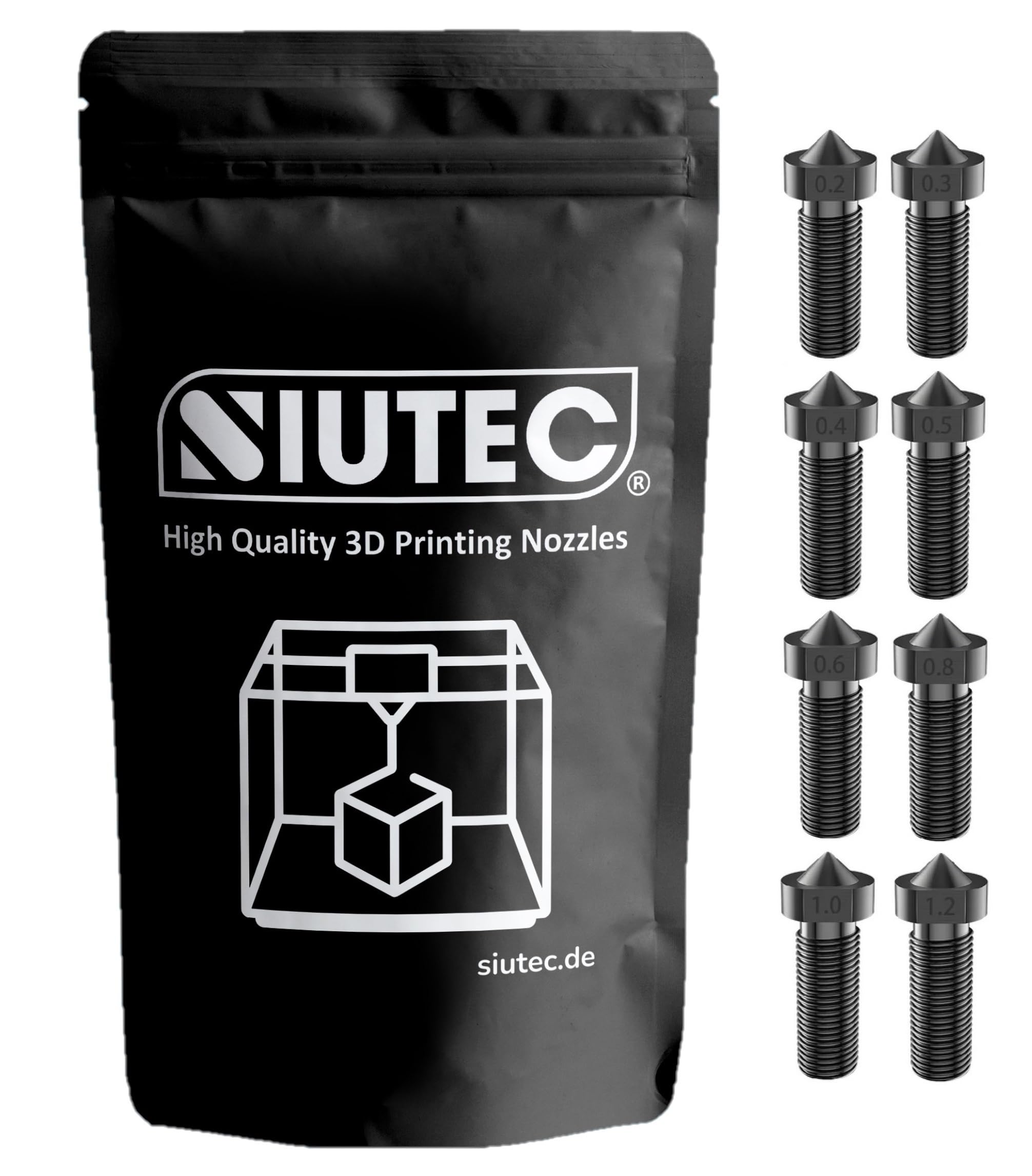 SIUTEC® Premium Volcano Hardened Steel/Hardened Steel, Nozzle/Nozzle Set of 8 Nozzles: 0.2-1.2 mm, for Volcano Hotends, Sidewinder, Kobra Max, etc. 1.75 mm Filament