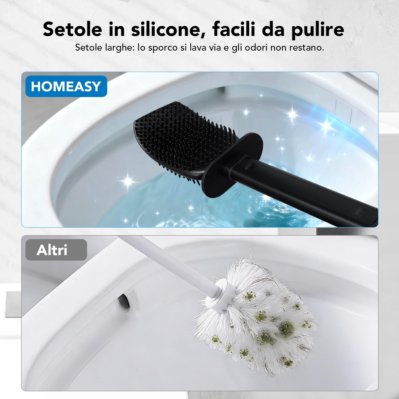 HOMEASY Scopino WC con Supporto in Acciaio Inox, Spazzolino WC ad Asciugatura Rapida con Base Rimovibile, Appoggiata a Terra o Fissata al Muro, Viene Fornito con 2 Adesivi Murali - Nero
