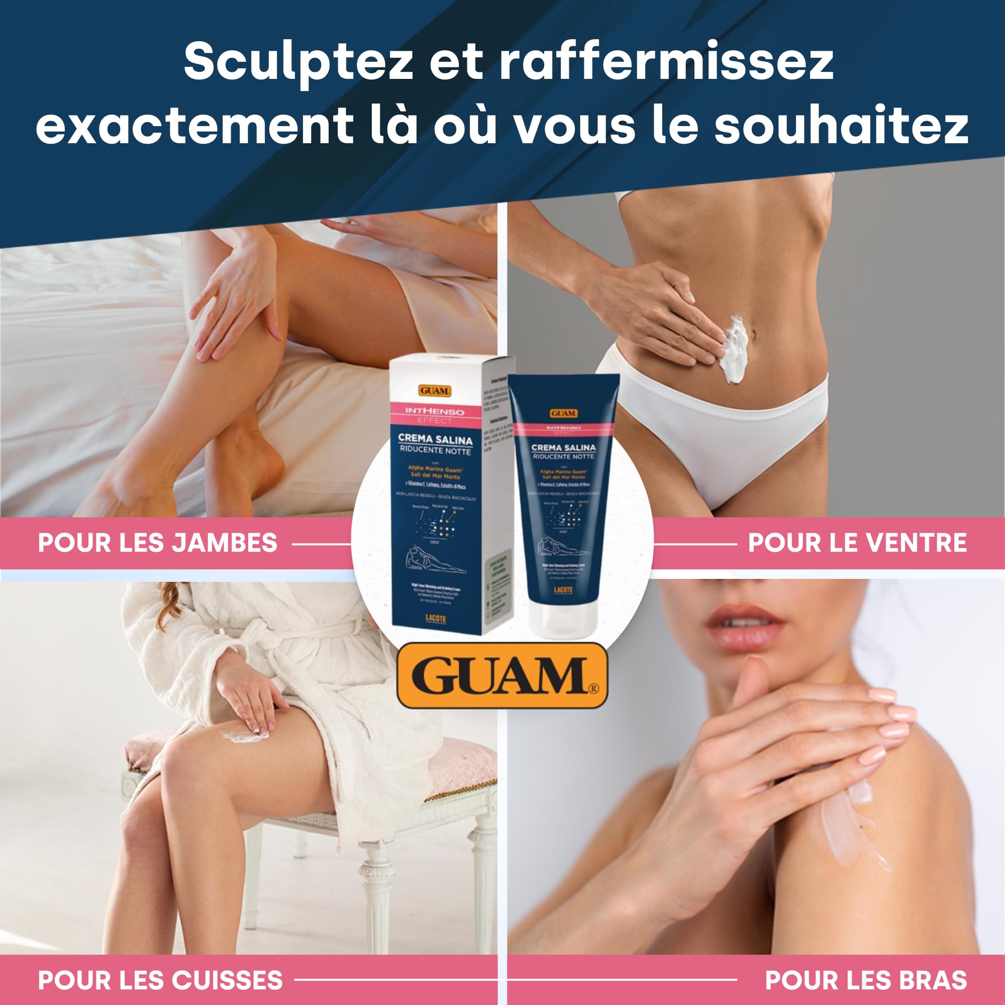 GUAM Crème Anti-Cellulite aux Algues pour Femmes avec Vitamine E, Caféine et Extrait de Maca - 200ml Traitement Salin Réducteur Nuit Intensif - Crème Raffermissante, Amincissante et Drainante Corps