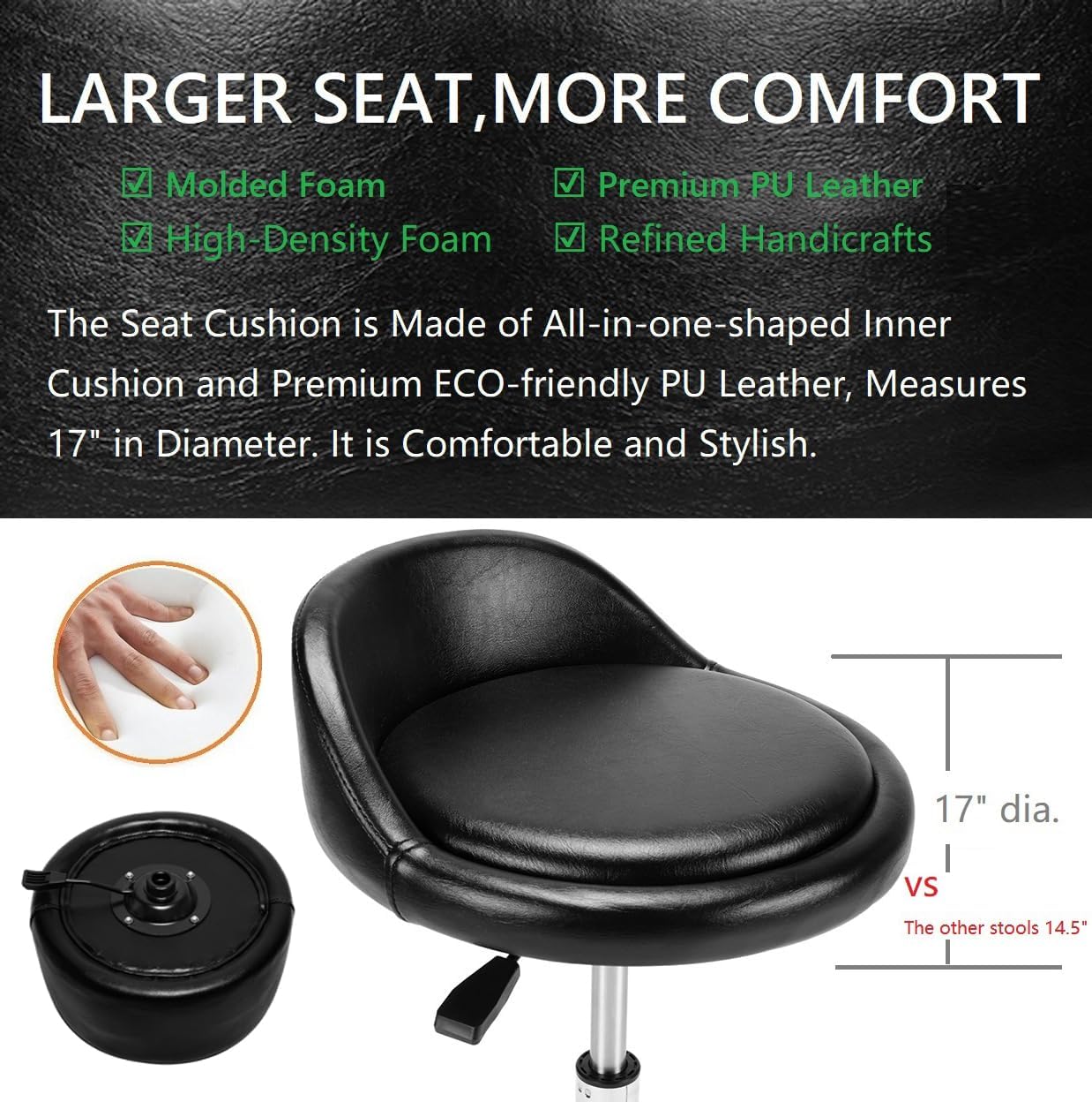 Rolling Salon Stool Chair with Back Support - Height Adjustable Hydraulic Stool with Wheels - Heavy Duty Swivel Stools 400lb Capacity for Home Salon Facial Spa Massage Clinic and Work Bench (Black)