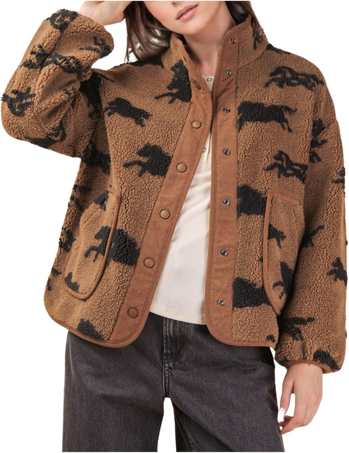 Womens Western Horse Printed Fleece Jacket Button Teddy Jacket Sherpa Fluffy Jacket Outwear