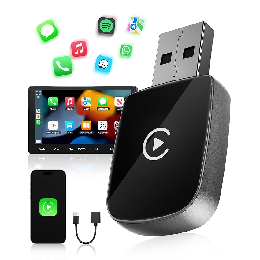 WityEye Adattatore CarPlay Wireless, Bluetooth V5.3 Connessione Stabile, WiFi 5.8GHz Trasferimento Dati Veloce, USB C/A, Chiavetta CarPlay Converte da Cablato a Wireless per Apple iPhone iOS 10+