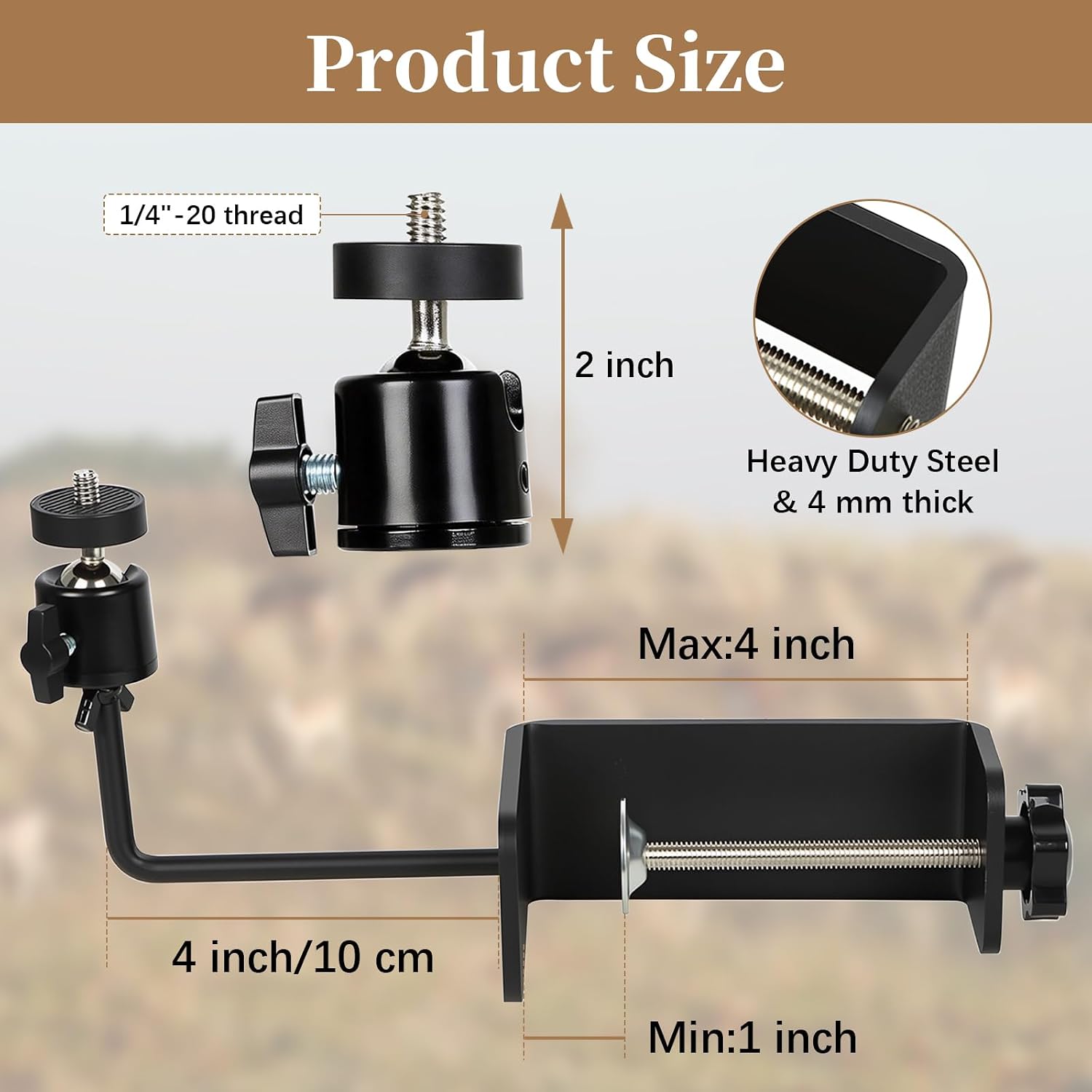 Clamp Mount with Mini Ball Head Mount, 1/4 Screw Mount Adapter for Tree, Compatible with Most Cameras for Wildlife Monitoring and Tree Mounting Outdoor