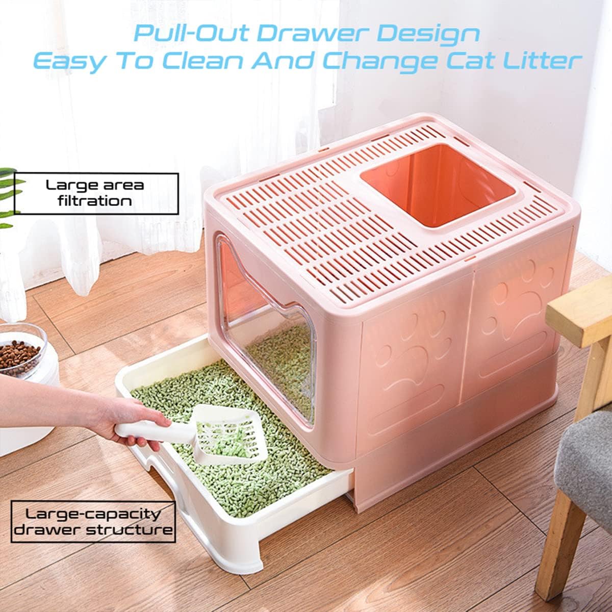 Foldable Cat Litter Box with Lid & Scoop - Large Top Entry, Pink