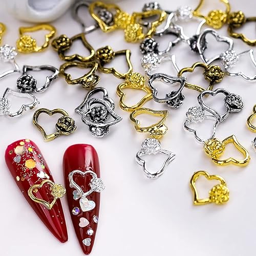 Miniatura 3 de 40 dijes de uñas de corazón dorado huecos de amor suministros de arte de uñas de metal brillante plata antigua dorada corazón colgante de uñas para