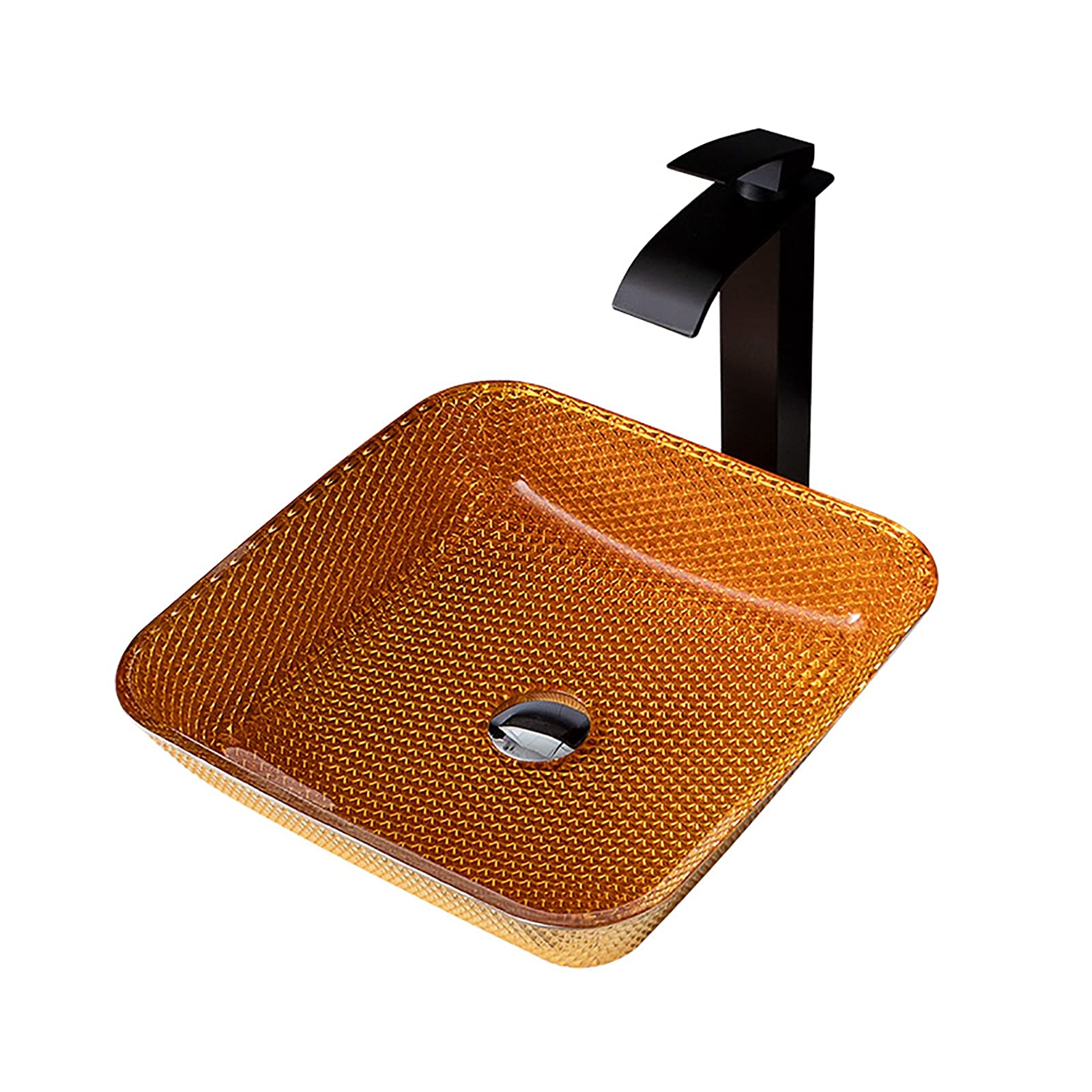 SBCGFY Vessel Sinks, Glass Vessel Sink Square Bathroom Vessel Sink Artistic Vessel Bowl Sink Countertop Vanity Sink With Waterfall Faucet Pop Up Drain Combo Mounting Ring,Goud-One Size