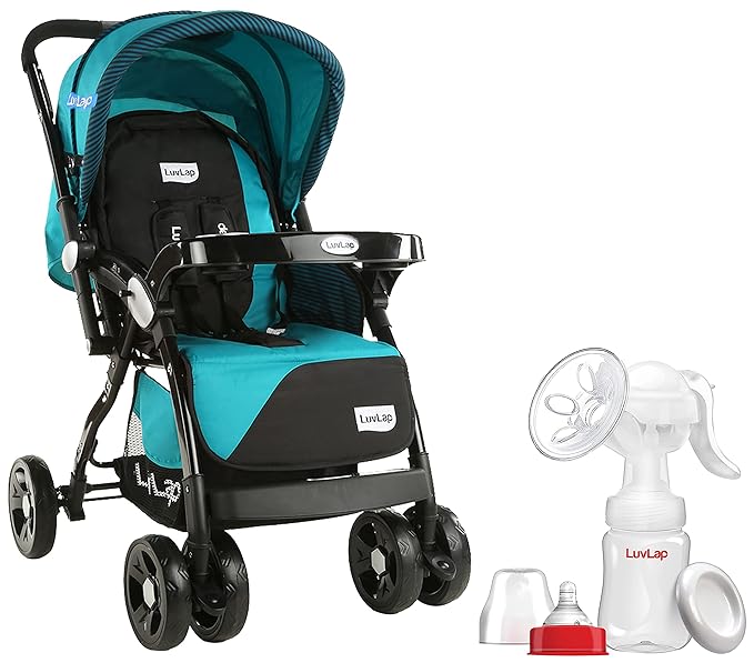 Galaxy Stroller/Pram, Extra Large Seating Space, Easy Fold, for Newborn Baby/Kids, 0-3 Years (Green/Black) & LuvLap Manual Breast Pump, 3 Level Suction Adjustment