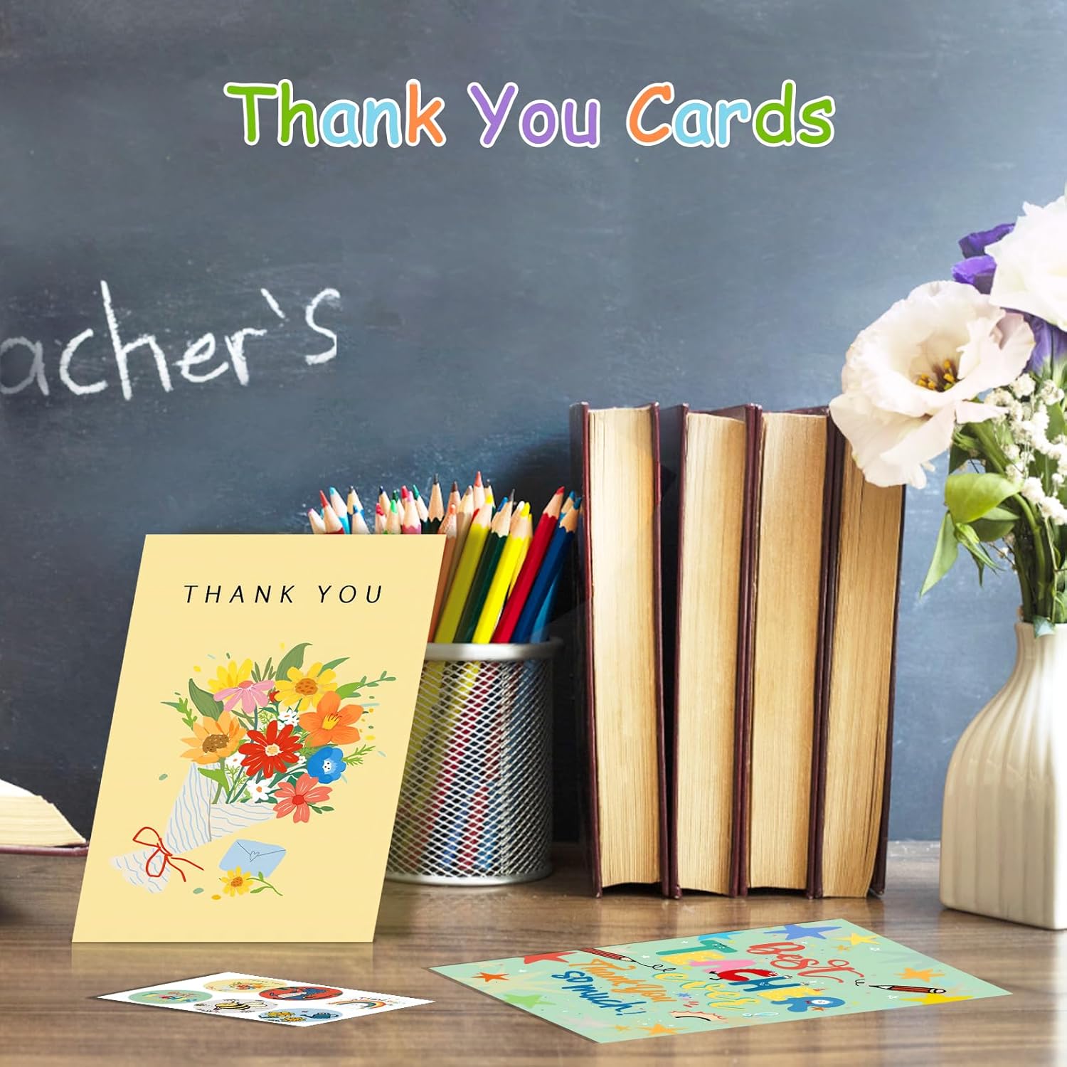 AhfuLife 6 Pcs Teacher Thank You Cards Multipack, 6 Styles Cute Appreciation Cards Graduation Gift, Including 6 Stickers and 6 Envelops for Teachers' Day, Teacher of the Year Gifts - Image 5