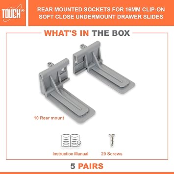 TOUCH Rear Mounting (6 Pairs, 12 Pcs) for 1/2 and 5/8 INCH Undermount Soft-Close Drawer Slides Socket, Drawer Track Back Mount Brackets for Face Frame Cabinets Drawer Gildes