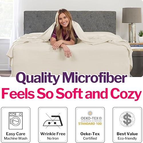 Miniatura 37 de Juego de sábanas de tamaño matrimonial – Juego de sábanas de bolsillo profundo – Juego de 4 piezas con sábana bajera de 21 pulgadas, sábana encimera