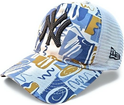 Fine Sports Cotton Trucker Cap, Blue and Gold Abstract Pattern, Mesh Back, Black Logo