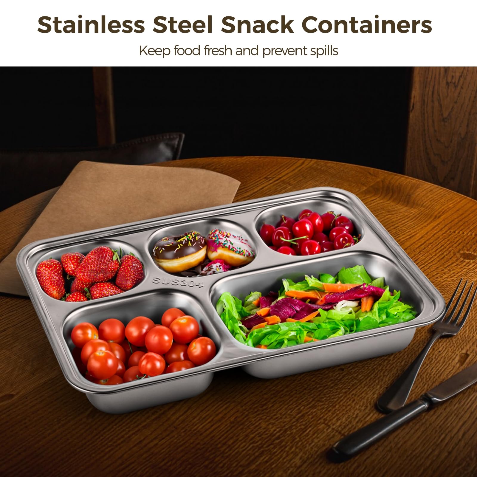 Edelstahl-Snack-Tabletts mit PP-Deckeln, 5 Fächern, Mahlzeiten-Vorbereitungsbehälter für Kinder, 25,9 x 18 x 4,1 cm