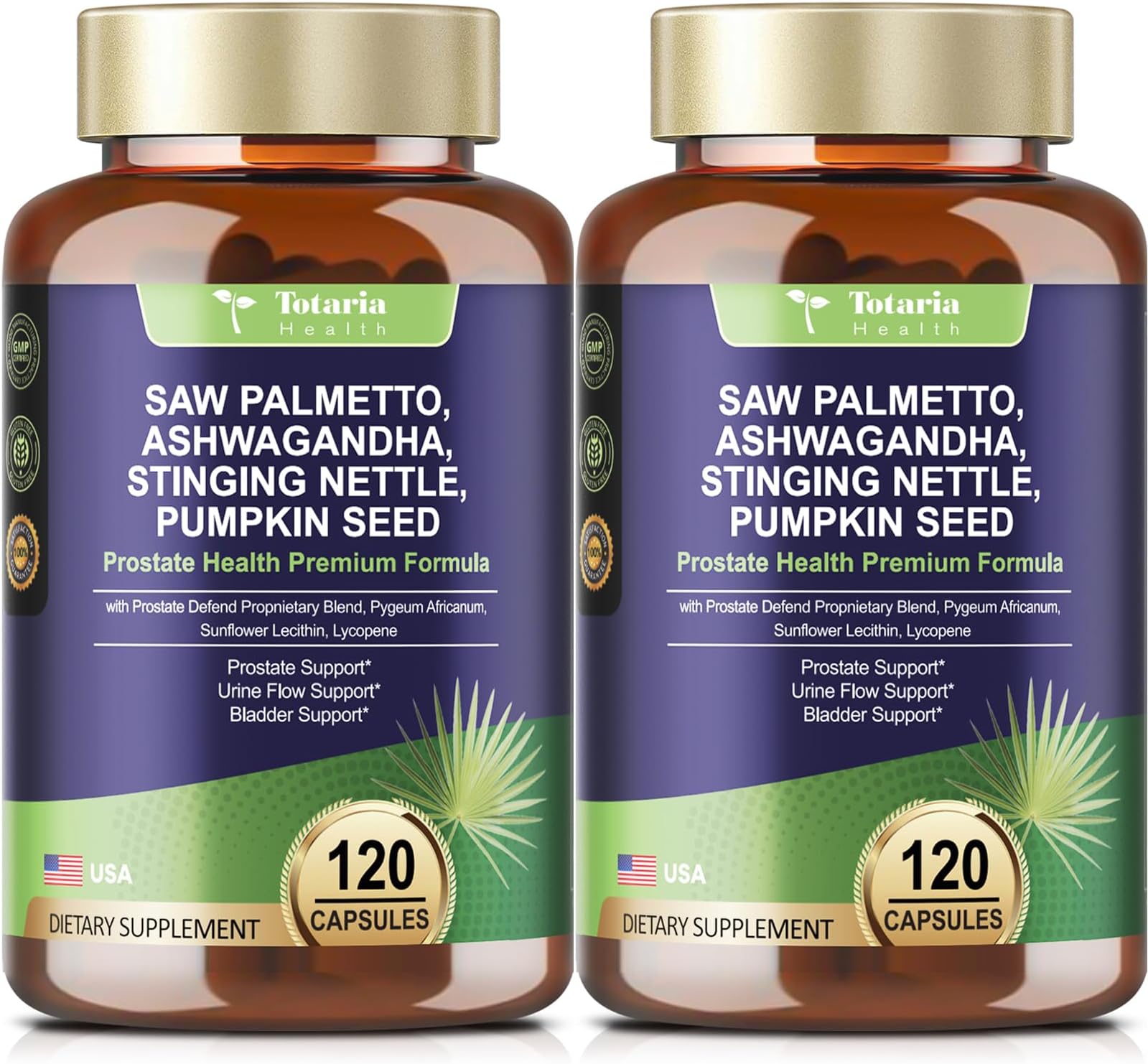 Totaria 2Pack Organic Saw Palmetto - Prostate Health Supplements for Men with Ashwagandha Root, Stinging Nettle, Pumpkin Seed, Prostate Defend Propnietary Blend, DHT Blocker, 240 Count