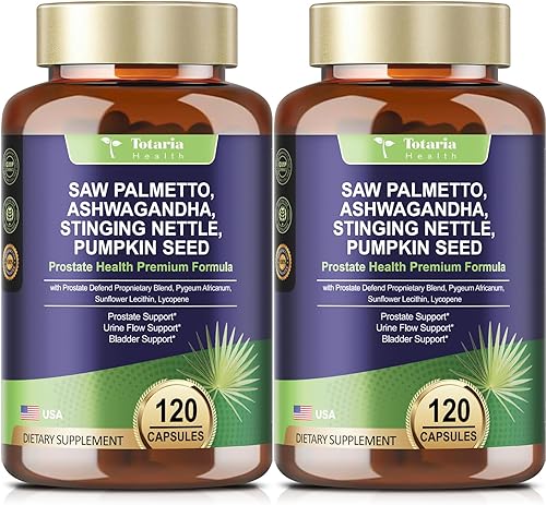 Totaria Paquete de 2 suplementos orgánicos para la salud de la próstata para hombres con raíz de ashwagandha, ortiga picante, semillas de calabaza,