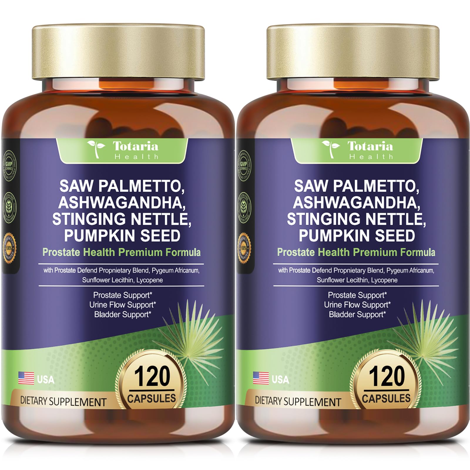Totaria2Pack Organic Saw Palmetto - Prostate Health Supplements for Men with Ashwagandha Root, Stinging Nettle, Pumpkin Seed, Prostate Defend Propnietary Blend, DHT Blocker, 240 Count