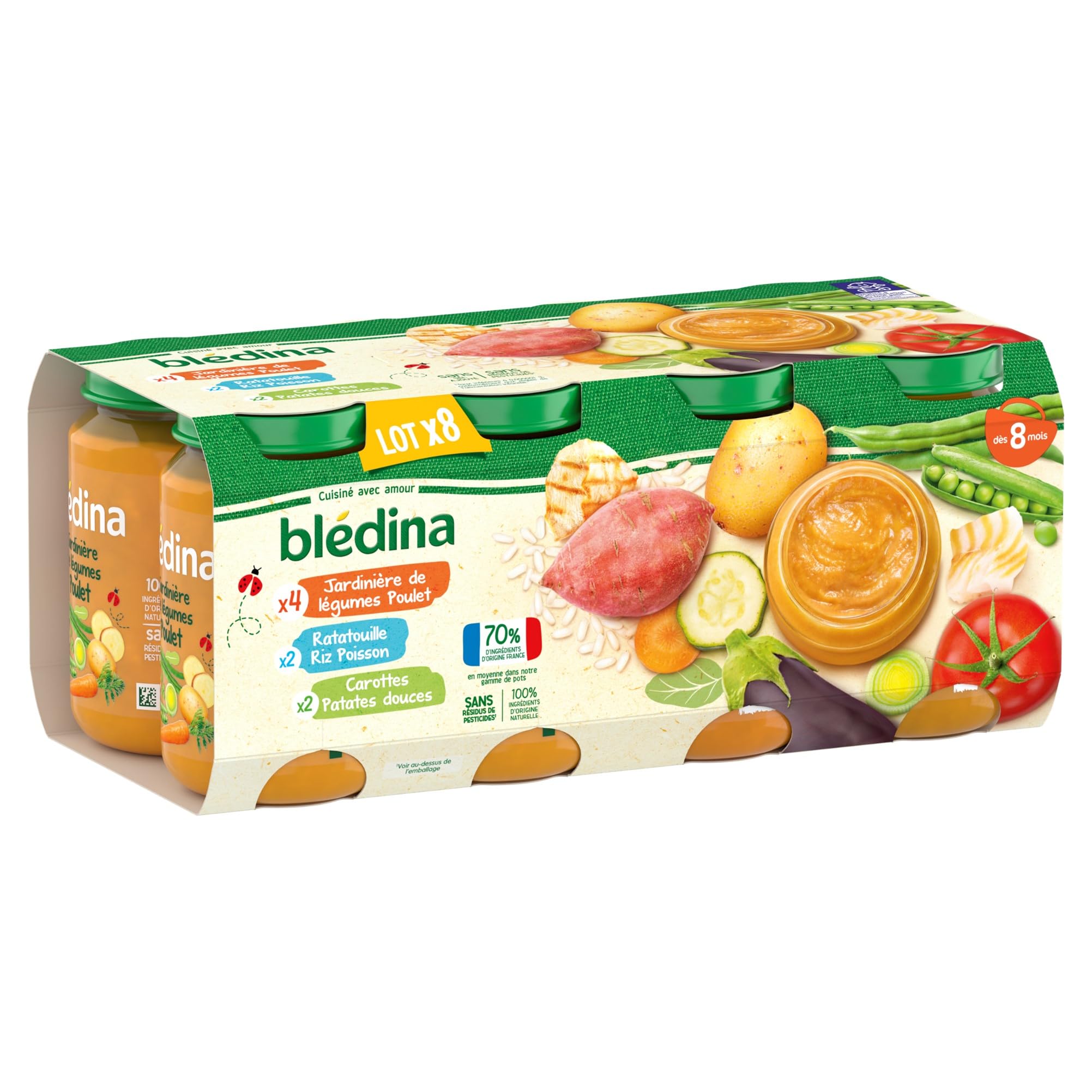 Blédina Petits Pots pour bébé, Dès 8 Mois, Légumes Poulet / Ratatouille Riz Colin / Carotte Patate Douce, 24x200g (3 packs)